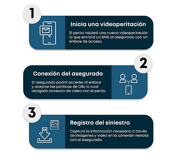 Inicia una videoperitación enviando un SMS al asegurado con un enlace de acceso. El asegurado se conectará con el perito mediante ese enlace. Registra el siniestro capturando la información necesaria.